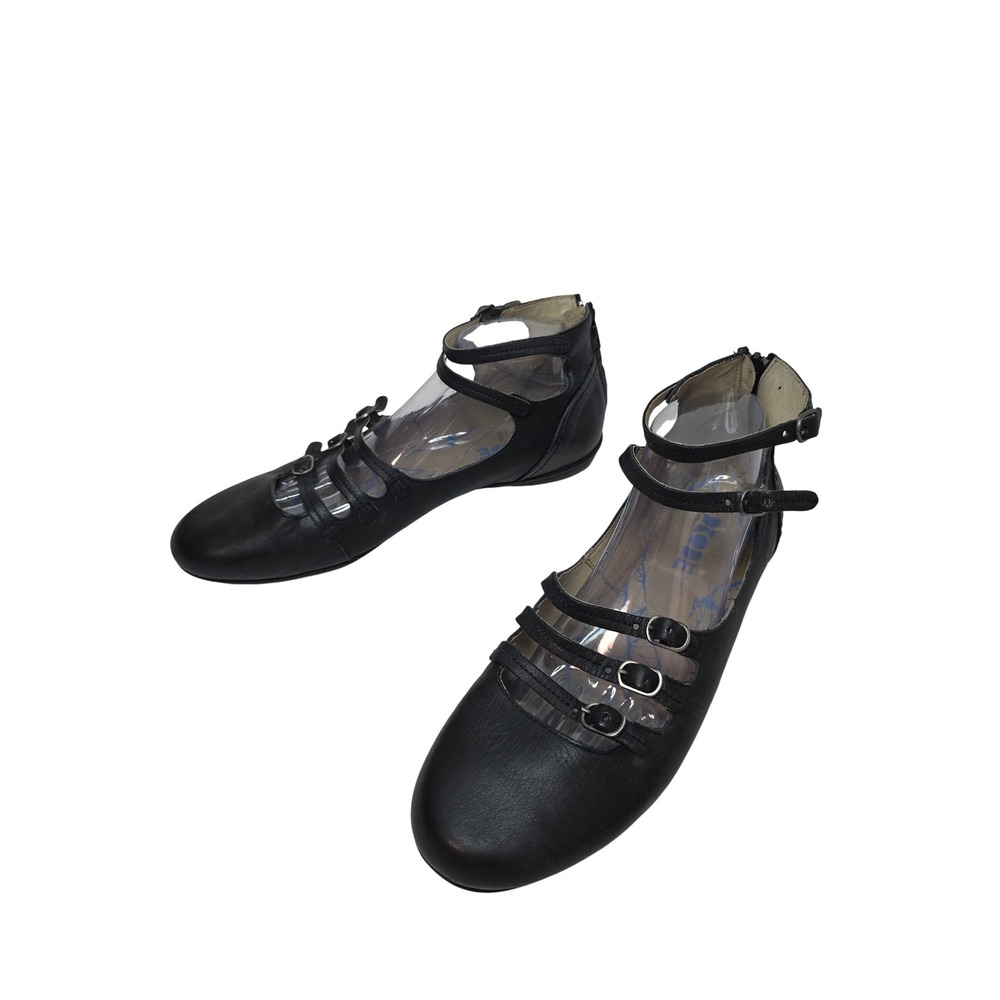 Dkode Black Leather Multi Strap Buckle Ballet Flats Back Zip EU 42 US 11 Comfy